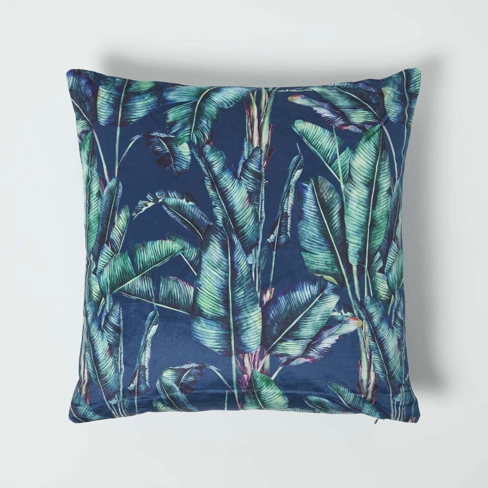 image 1 of Homescapes Navy Tropical Banana Leaf Velvet Filled Cushion - 46 x 46 cm | Blue | Teal, Navy | 1