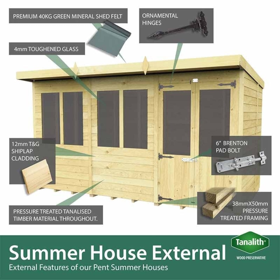 image 1 of 12ft x 5ft Pent Summer House - Wood - L147 x W358 x H201 cm | Brown