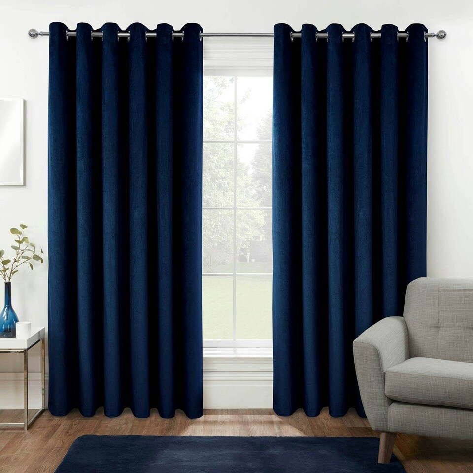 image 1 of Homescapes Thermal 100% Blackout Navy Velvet Curtains - 46 x 54" Blue