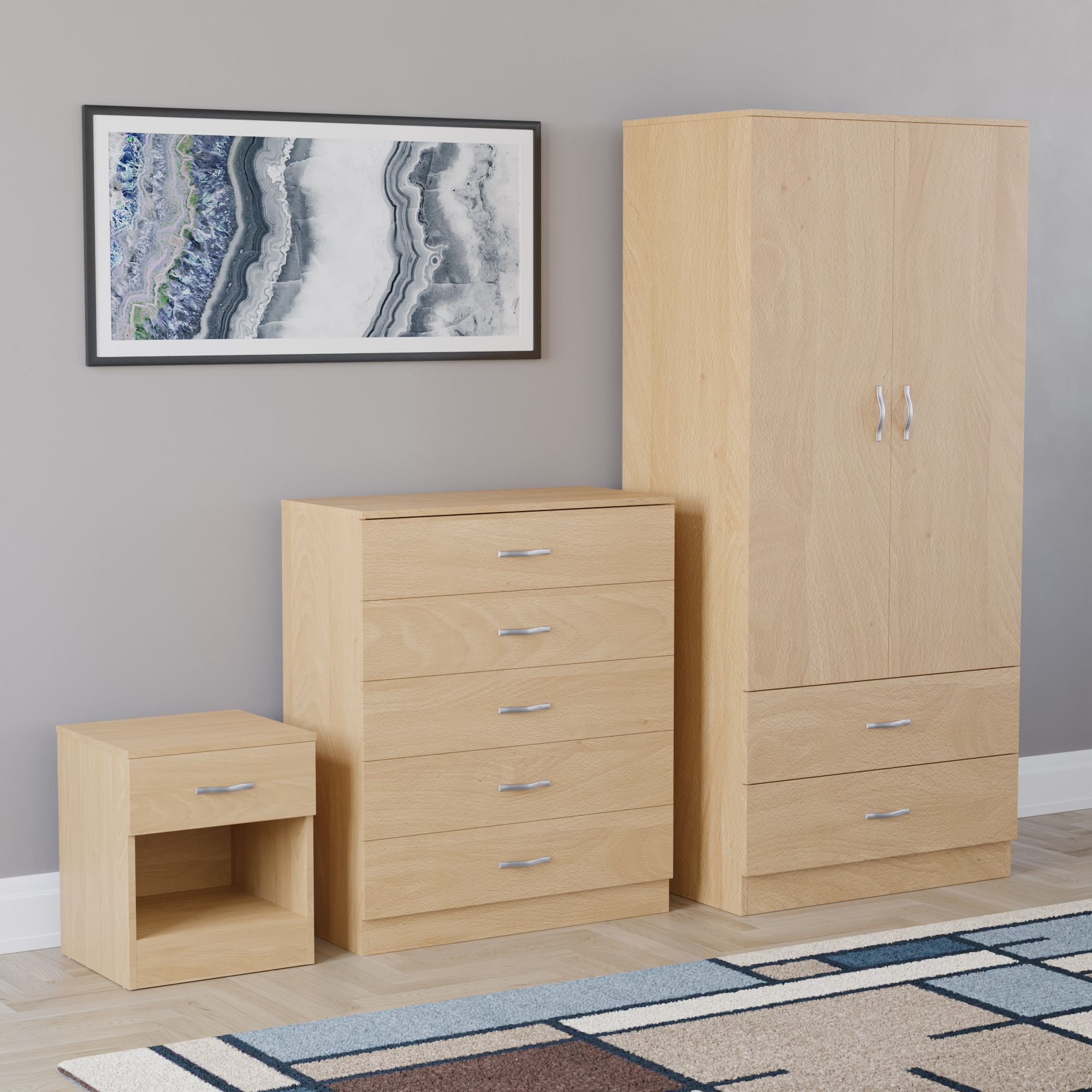 Vida Designs Riano 3 Piece Bedroom Set (1 Drawer Bedside Chest, 5 Drawer Chest, 2 Door 2 Drawer Wardrobe) - Pine