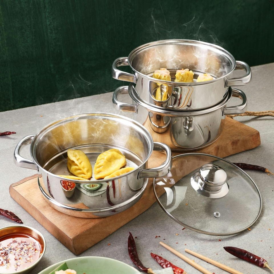 image 1 of Stainless Steel 3-Tier 18cm Casserole & Steamer Set