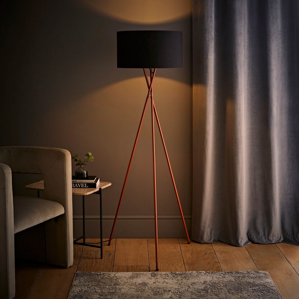 image 1 of ValueLights Camden Copper Tripod Floor Lamp with Black Shade | Black