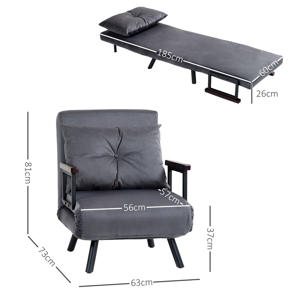 image 1 of HOMCOM Single Chair Bed, Click Clack Convertible Bed Settee, Modern Velvet Feel Fabric Chair Couch with 1 Tufted Cushion, Wood Armrests, for Living Room, Bedroom, Guest Room, Charcoal Grey