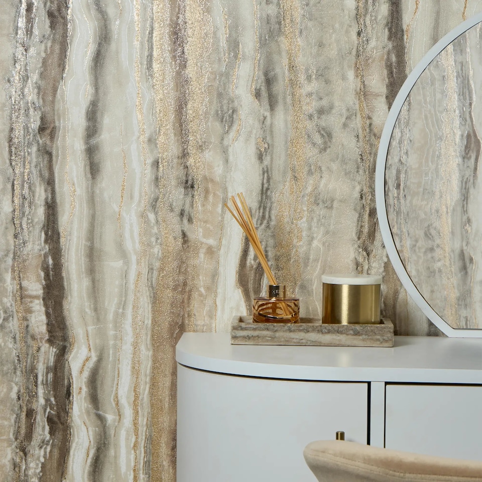 image 1 of Oslo Wallpaper in Cream and Mocca with Gold Metallic | Brown | Brown, Cream, Gold | 53cm x 10m
