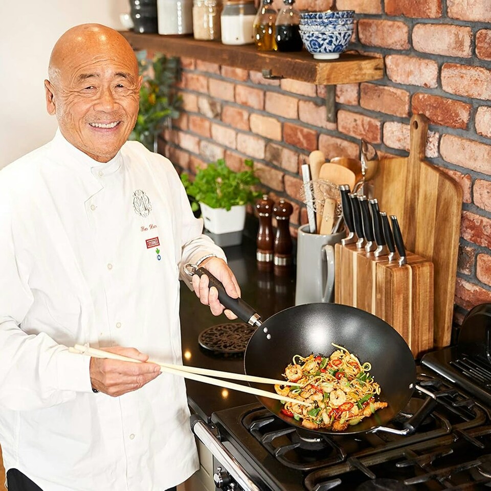 image 1 of Ken Hom Excellence 31cm Non-Stick Carbon Steel 4 Piece Wok Set