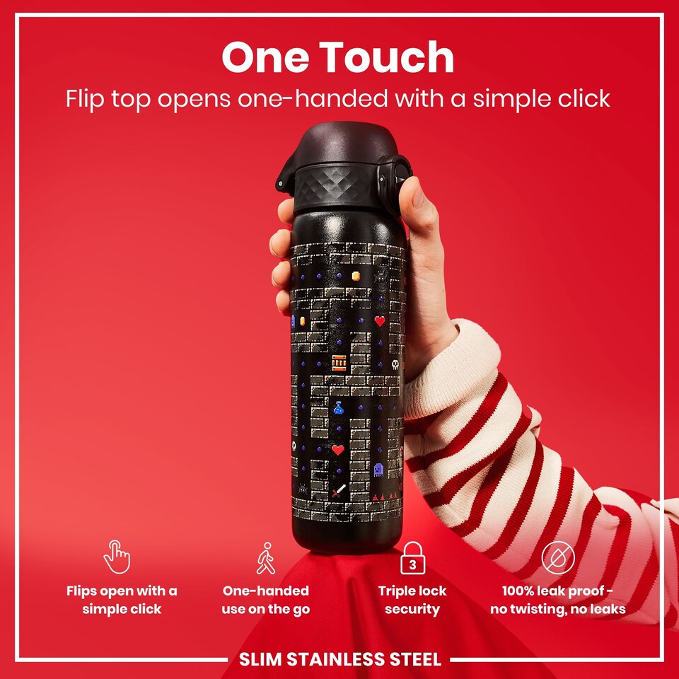 image 1 of Leak Proof Slim Water Bottle, Stainless Steel, 600ml (20oz) | Black | Gamer | One Size