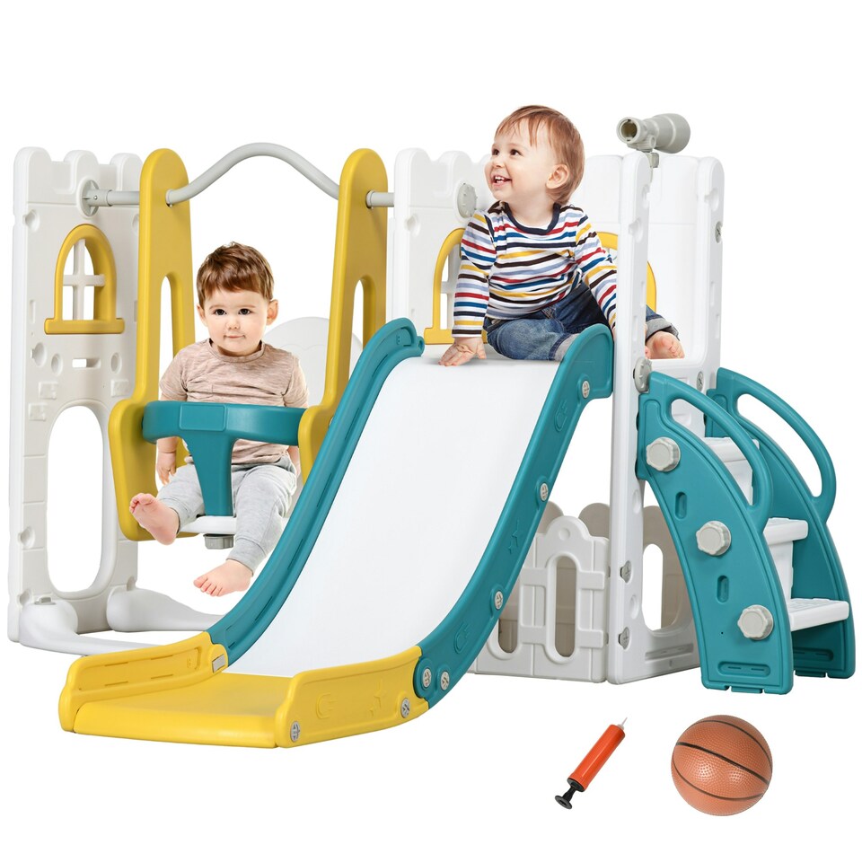 image 1 of AIYAPLAY 6-in-1 Toddler Climber and Set w/ Basketball Hoop, Telescope Yellow