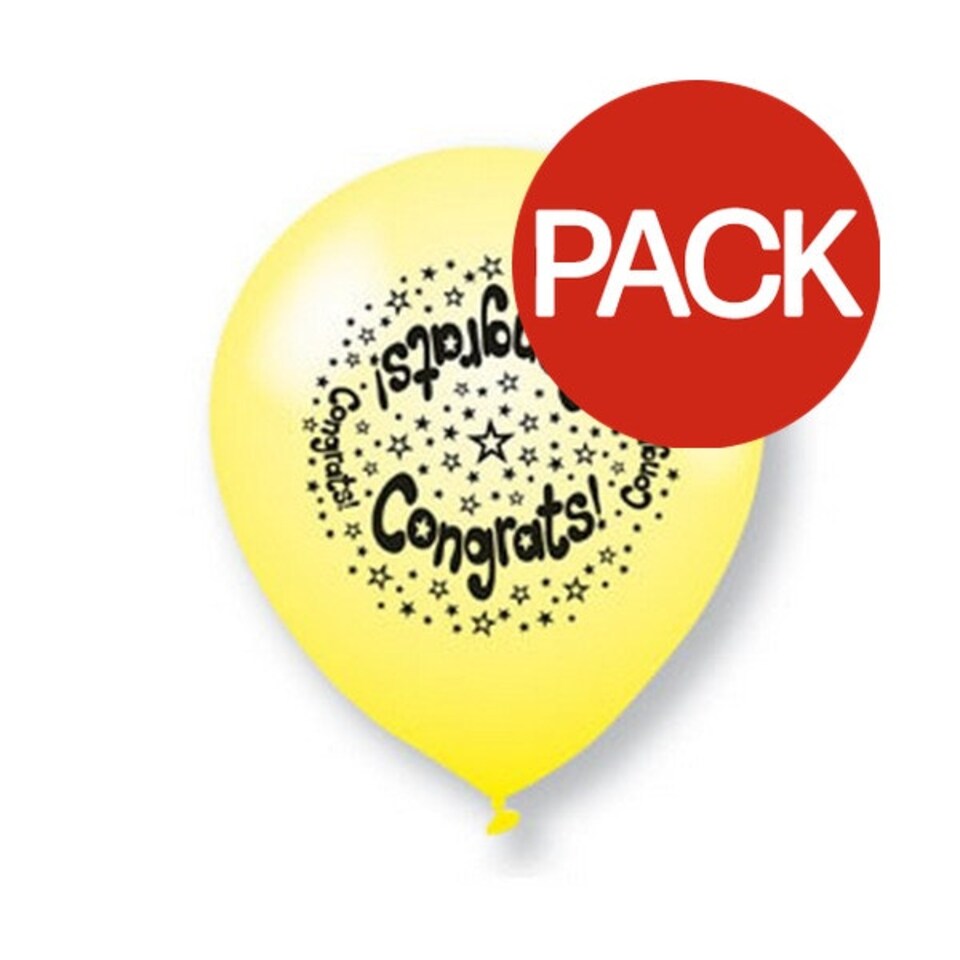 image 1 of Unique Party Latex Assorted Designs Congratulations Balloons (Pack of 10) - Yellow/Black - 9in