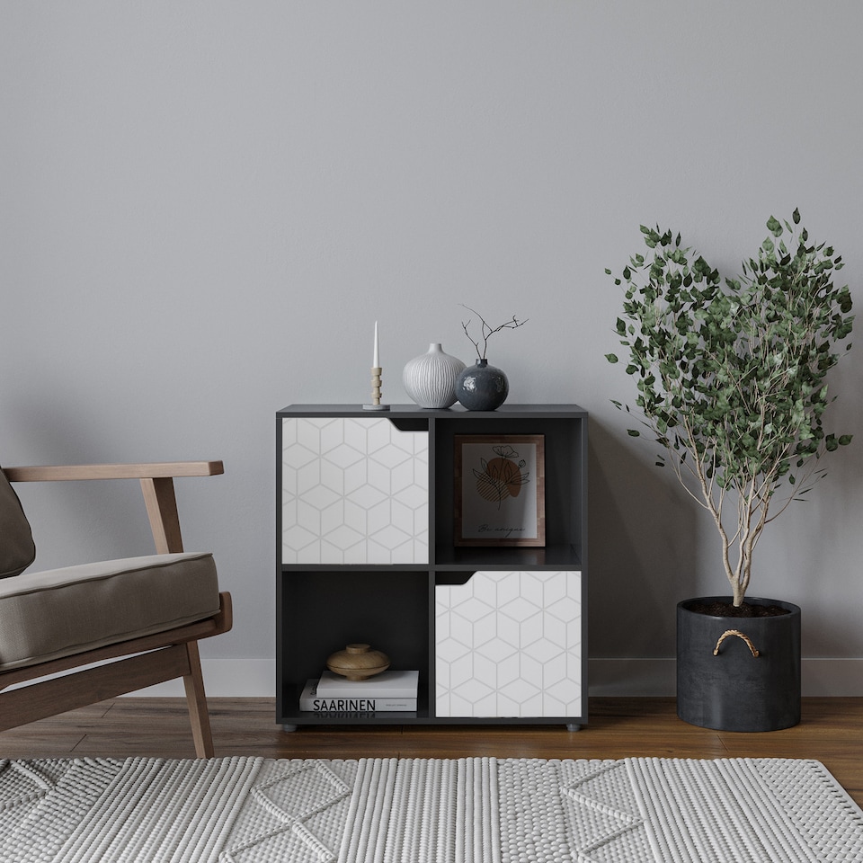 image 1 of 4 -Cube Shelving Unit With Geo Doors - Square | Black | Black & White | 1