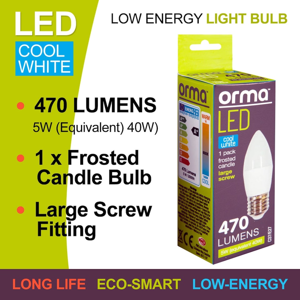 image 1 of PMS Cool White Candle LED Bulb 5W E27 Frosted - Large, 470 lm, Non-Dimmable