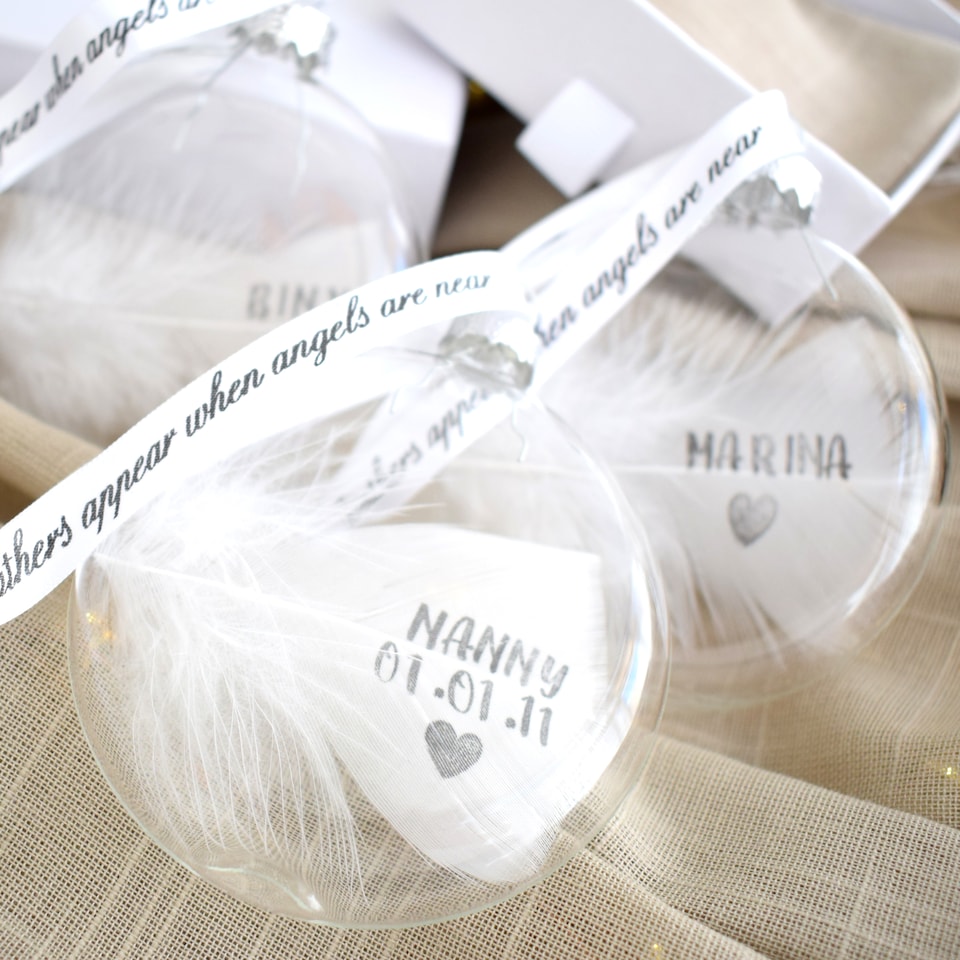 image 1 of Personalised White Feather Bauble. Memorial Angel Decoration