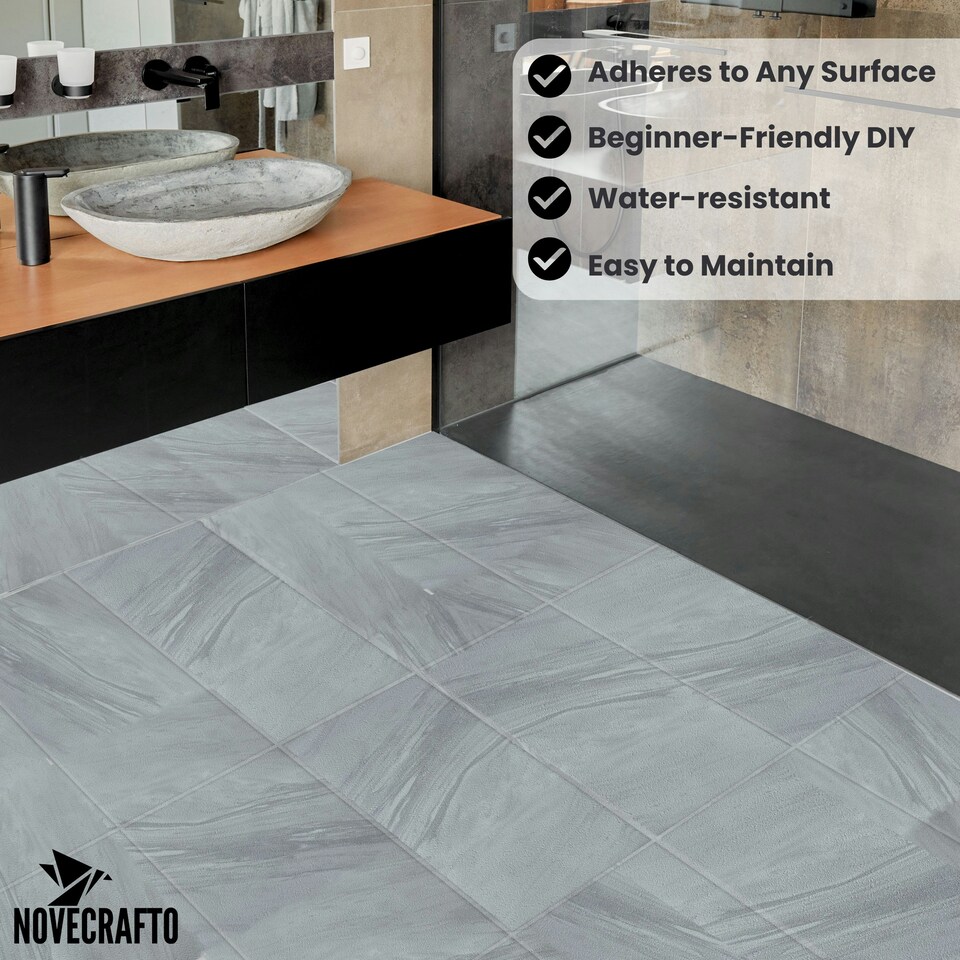 image 1 of NOVECRAFTO Vinyl Floor Tiles Self Adhesive – 12x24in Peel and Stick Waterproof Rectangular Flooring for Kitchen & Bathroom – Grey White Marble Effect Grey | 1.85 sqm