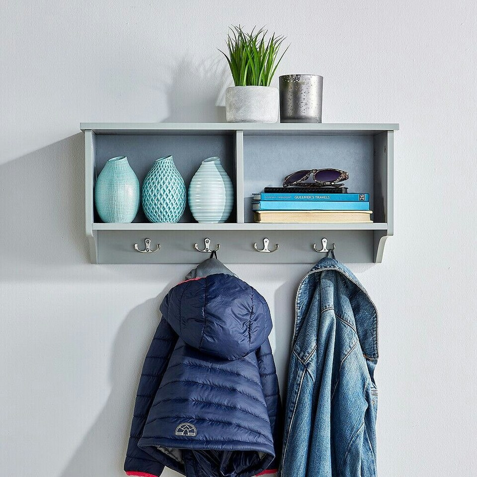 image 1 of Coat Hook Wall Mounted Unit 2 Open Shelves 4 Robe Hooks Bathroom Hallway Grey