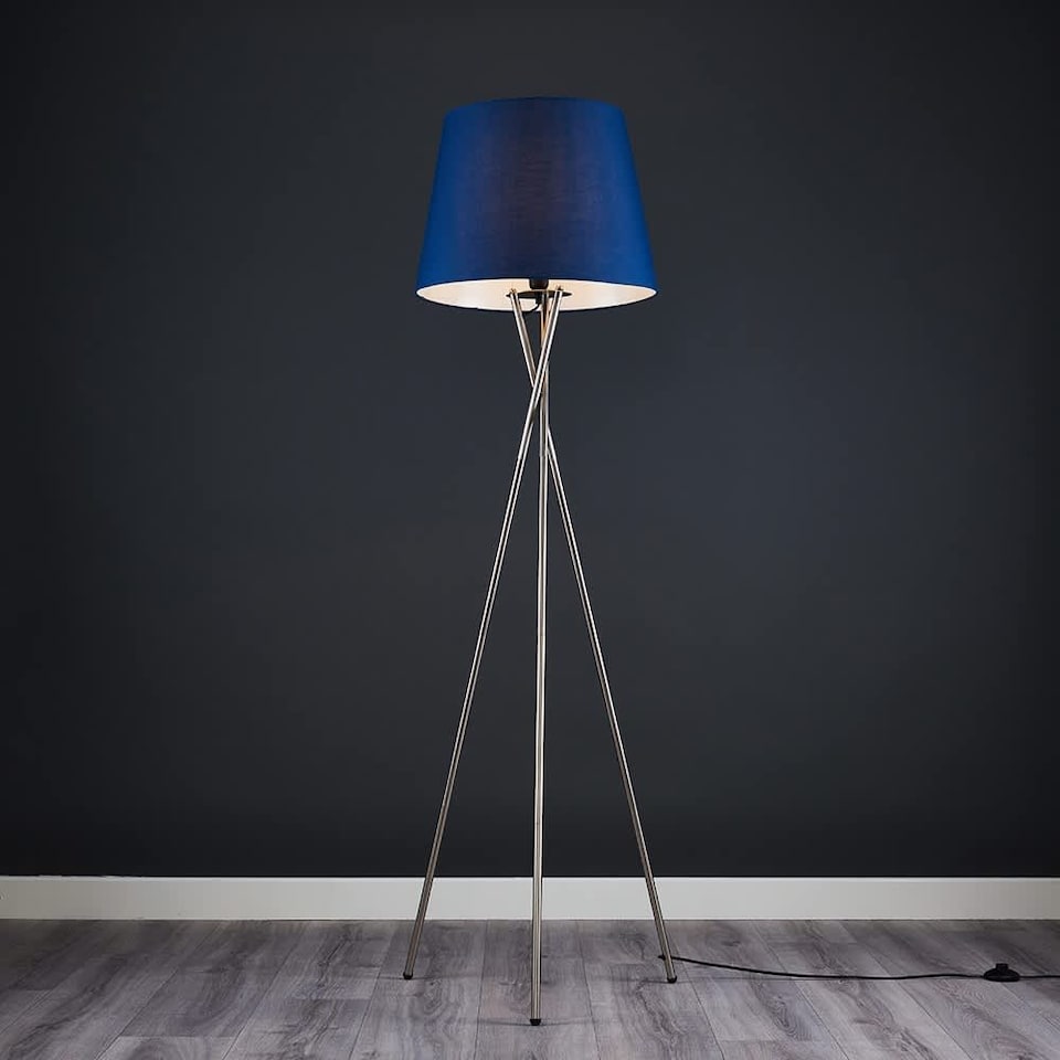 image 1 of ValueLights Camden Brushed Chrome Tripod Floor Lamp Navy Taper Shade | Blue