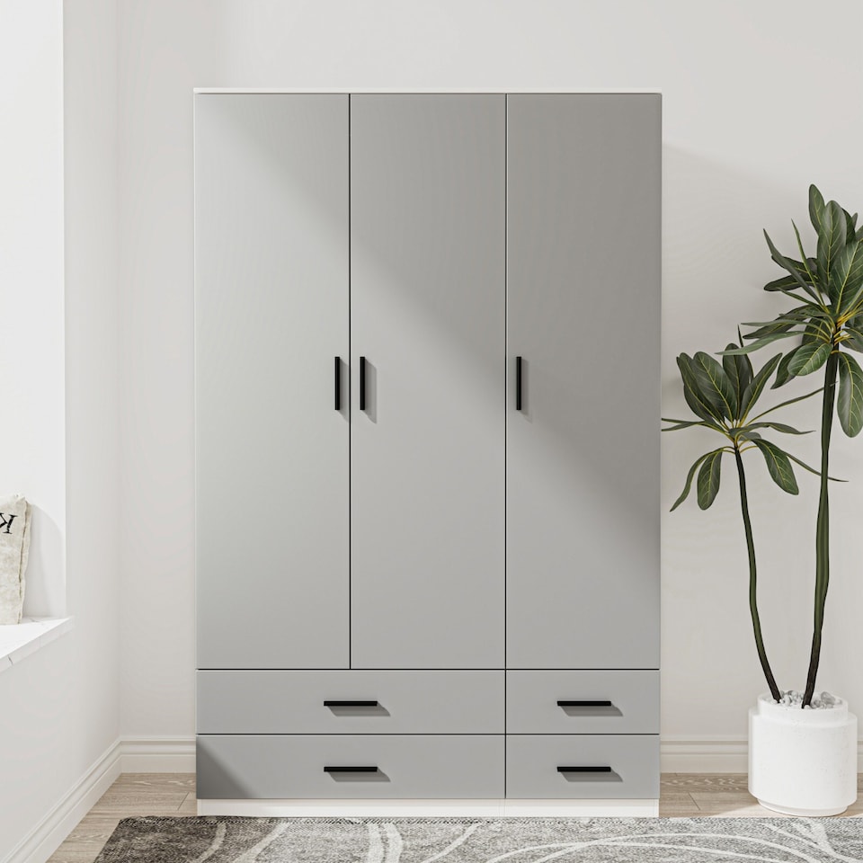 image 1 of 3 Door 4 Drawer Wardrobe With Hanging Rail And Storage Shelf | White | White Carcass & Grey Door | 1