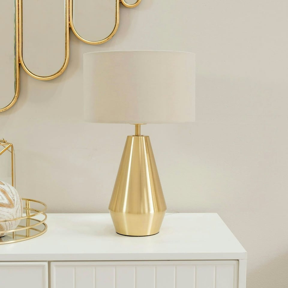 image 1 of ValueLights Jax Gold Metal Touch Dimmer Table Lamp with Natural Drum Shade