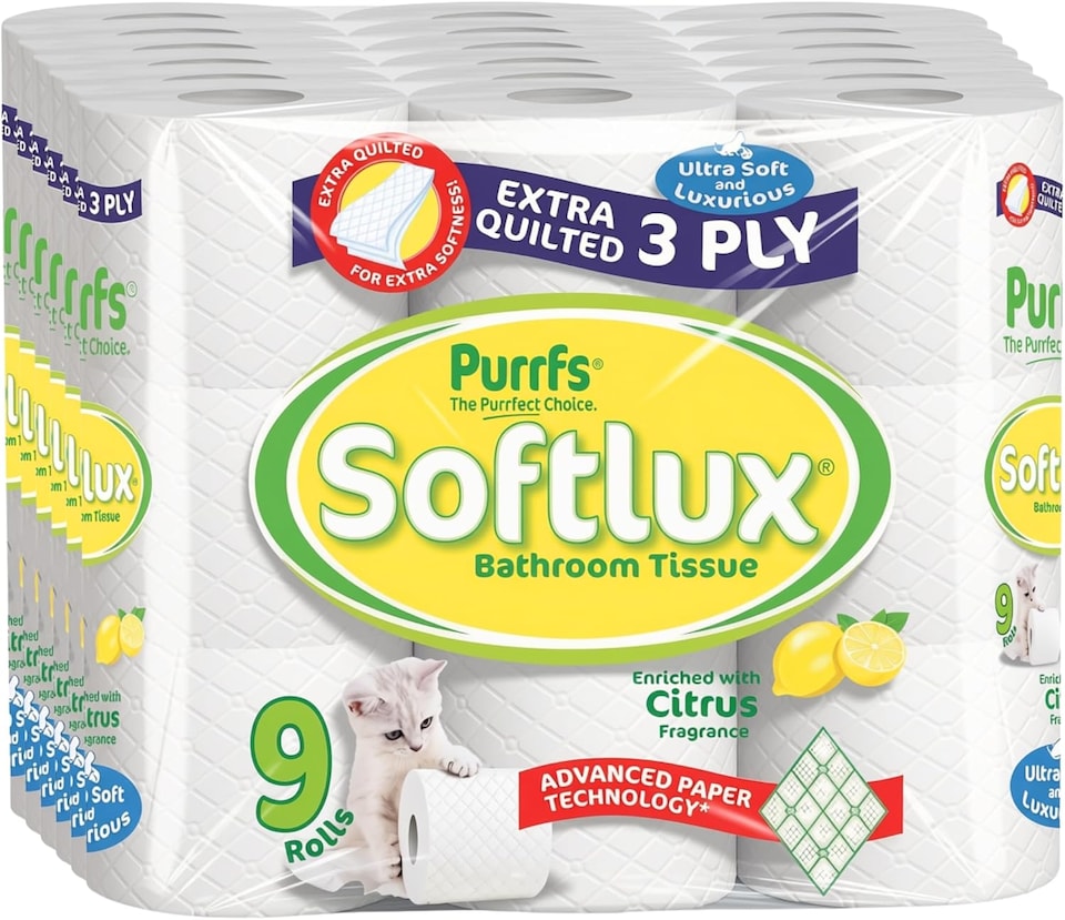 image 1 of Softlux Purrfs 3-Ply, Citrus Scented Quilted & Embossed Toilet Paper, Ultra Soft, Strong & Skin Kind, Premium Bathroom Tissue, 100% Virgin Pulp, Bulk Pack 45 Loo Rolls
