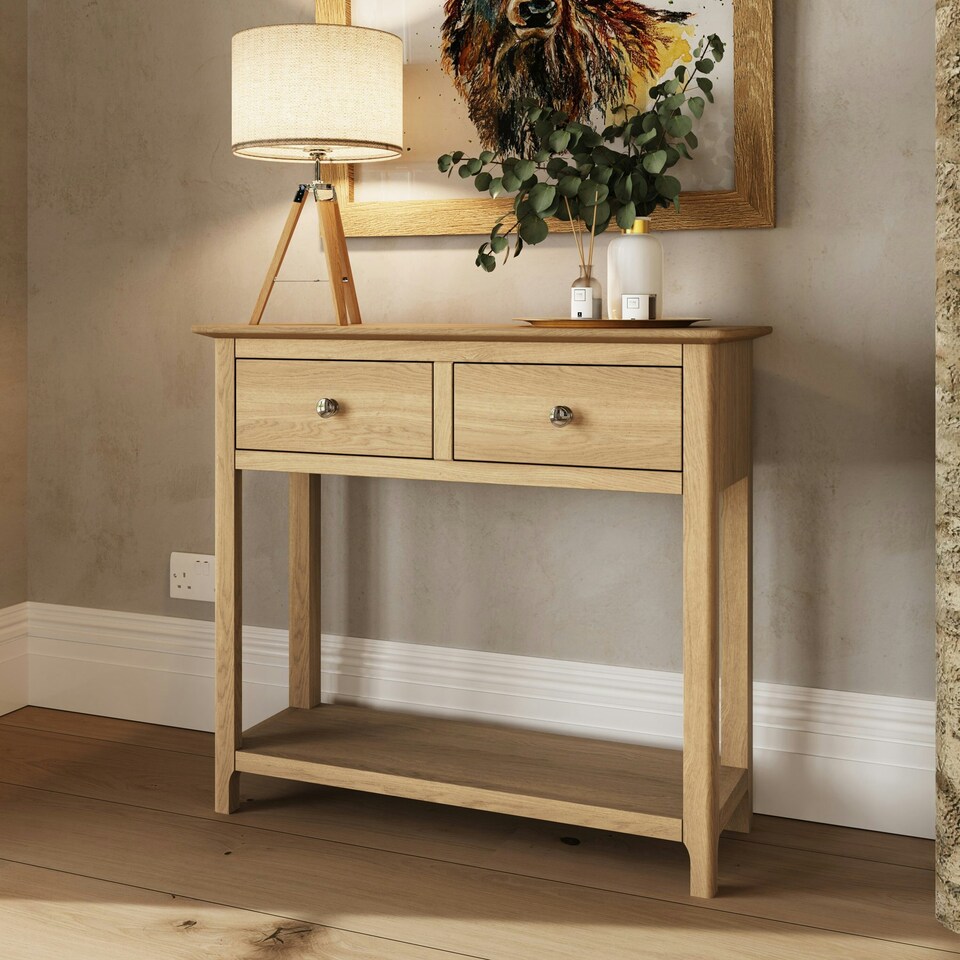 image 1 of Taberno Oak 2 Drawer Console Hallway Table Natural Oak Brown