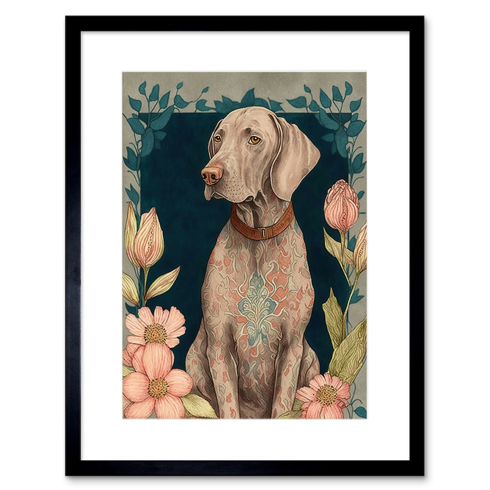 image 1 of Grey Weimaraner Dog Ornate Pattern Flowers Art Nouveau 9x7" Black Framed Wall Art Print