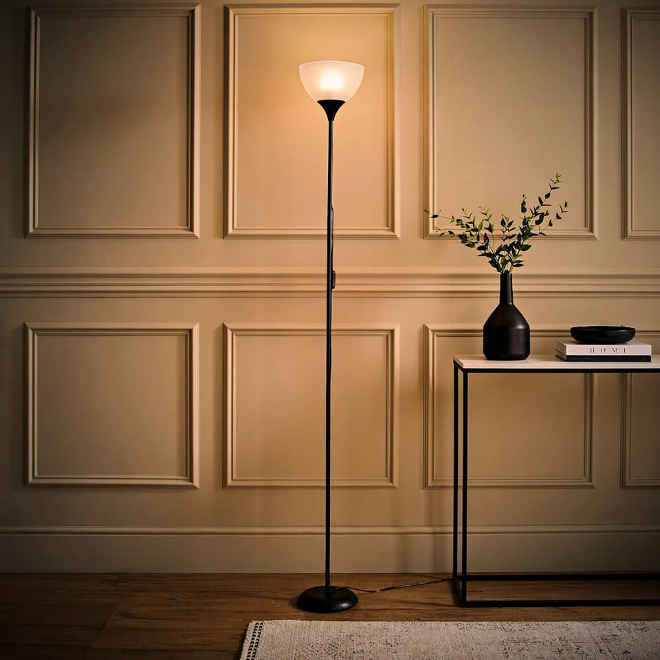 image 1 of ValueLights Dalby Black Uplighter Floor Lamp White Shade & Bulb Black