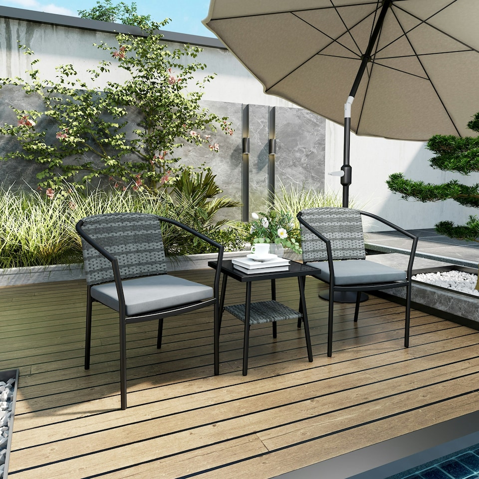 image 1 of Outsunny 3 PCS Rattan Bistro Set with Cushions Glass Top Coffee Table and Chairs