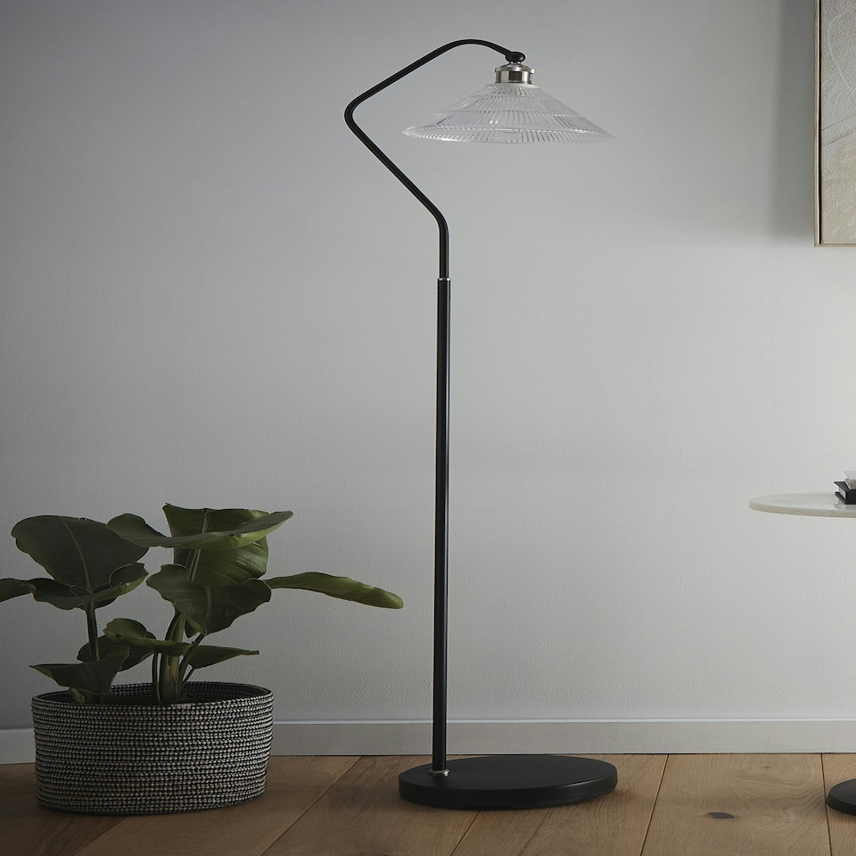 image 1 of Dana Ribbed Glass Floor Lamp in a Modern Sleek Black and Satin Nickel Finish Black