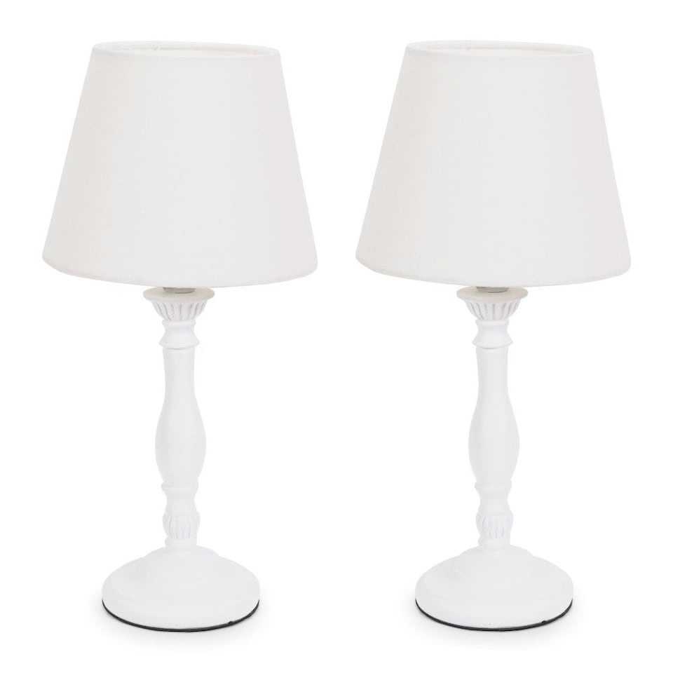 image 1 of ValueLights Sara White Wood Traditional Candle Stick Table Lamp with Tapered Lamp Shade and LED Bulb White