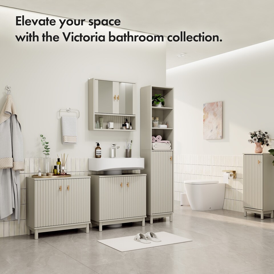 image 1 of Vonhaus Victoria Stone Freestanding Tall Bathroom Storage Cabinet with 6 Shelves