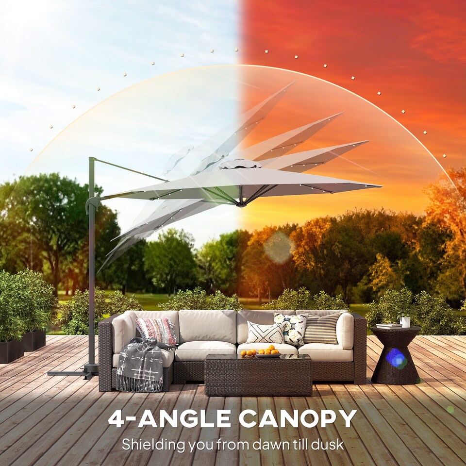 image 1 of Outsunny 3m Cantilever Roma Parasol Patio Sun Umbrella with Crank Tilt LED Solar Light Cross Base 360 Rotating Outdoor, Dark Grey