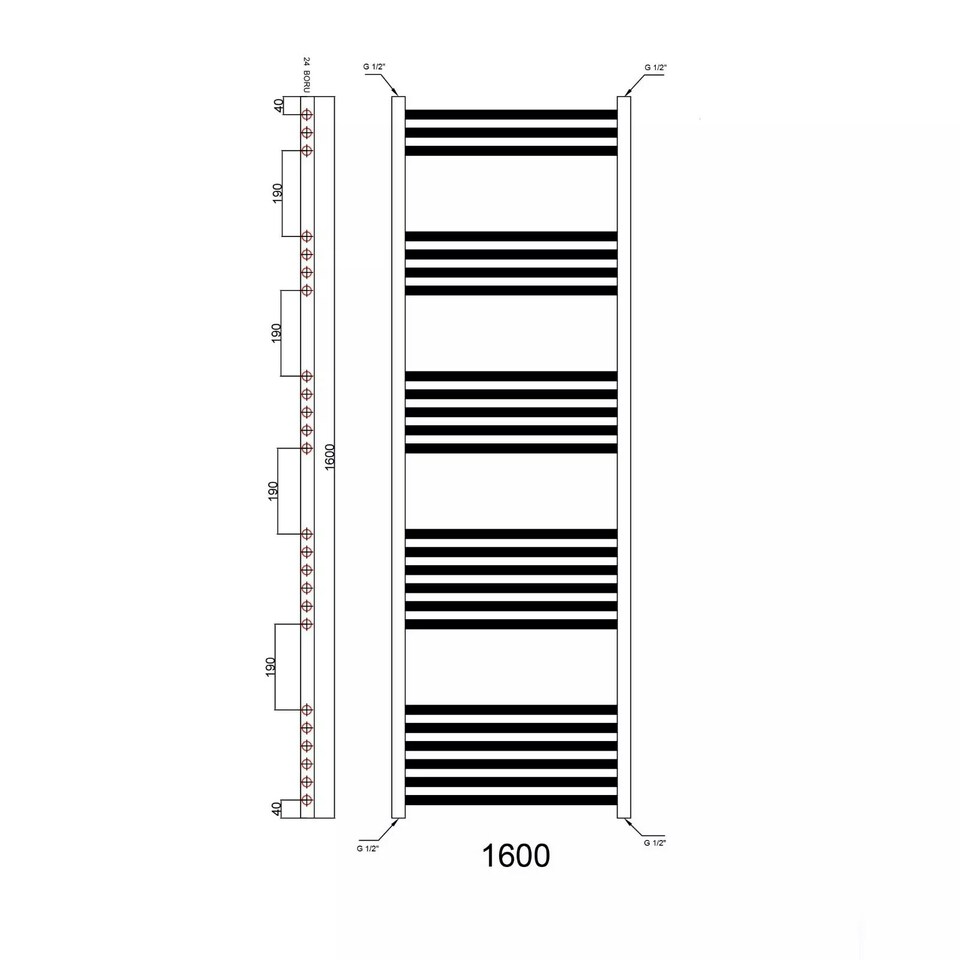 image 1 of Matt Black 1600 x 600mm Heated Bathroom Towel Rail Warmer Ladder Radiator with Straight Manual Valves Pair