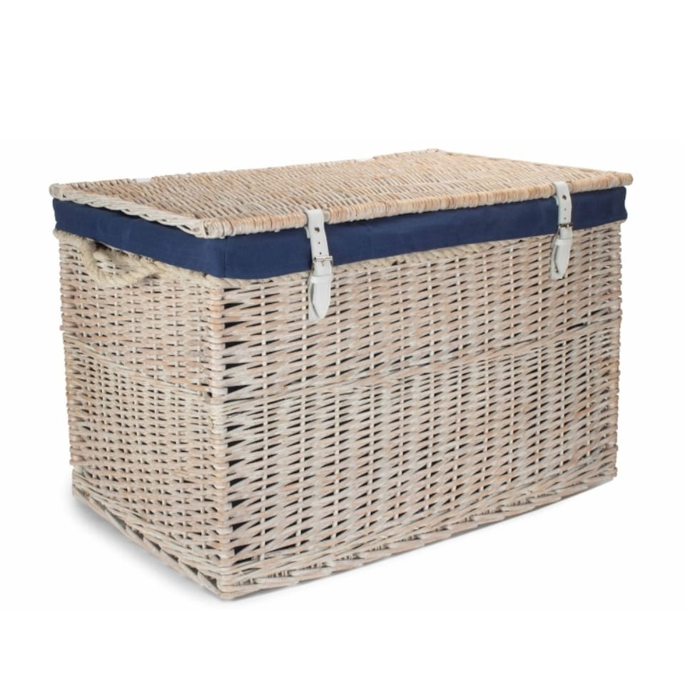 image 1 of Large White Wash Storage Hamper With Navy Lining Wicker Basket | Blue | Blue