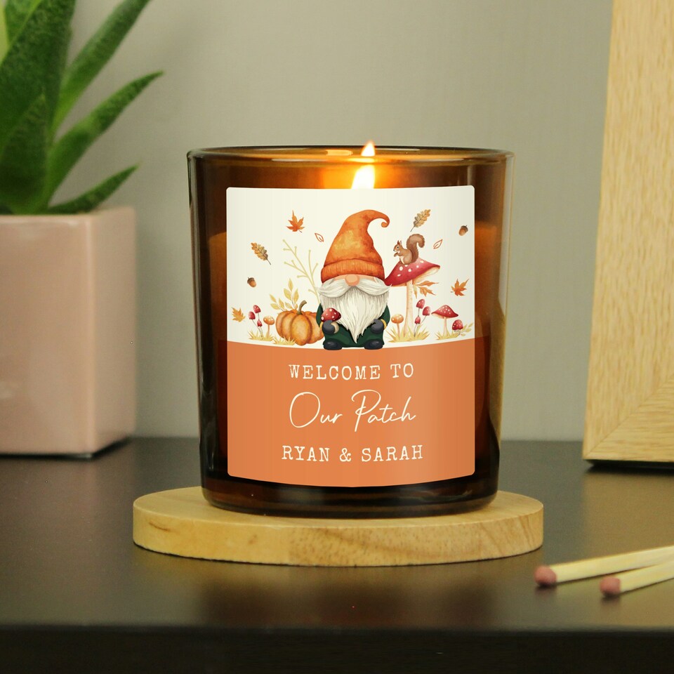 image 1 of Personalised Autumn Gonk Amber Glass Candle Brown