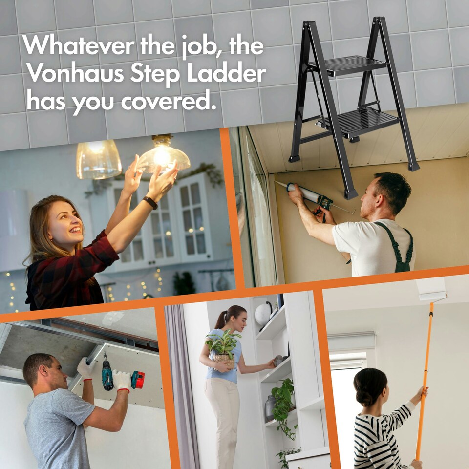 image 1 of VonHaus Slim 2 Step Ladder with Anti Slip Steps and Feet | Black