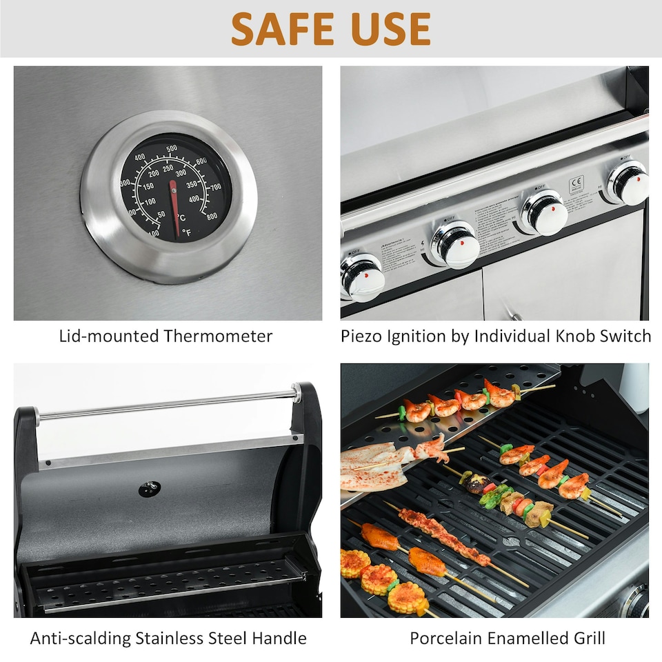 image 1 of Outsunny Deluxe Gas Barbecue Grill 4+1 Burner Garden BBQ w/ Large Cooking Area
