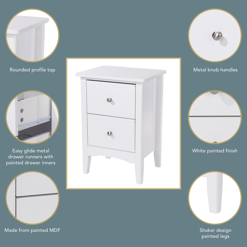 image 1 of Como 2 Drawer Petite Bedside Cabinet - Compact Shaker-Style Bedroom Storage | White | White | One Size | 1