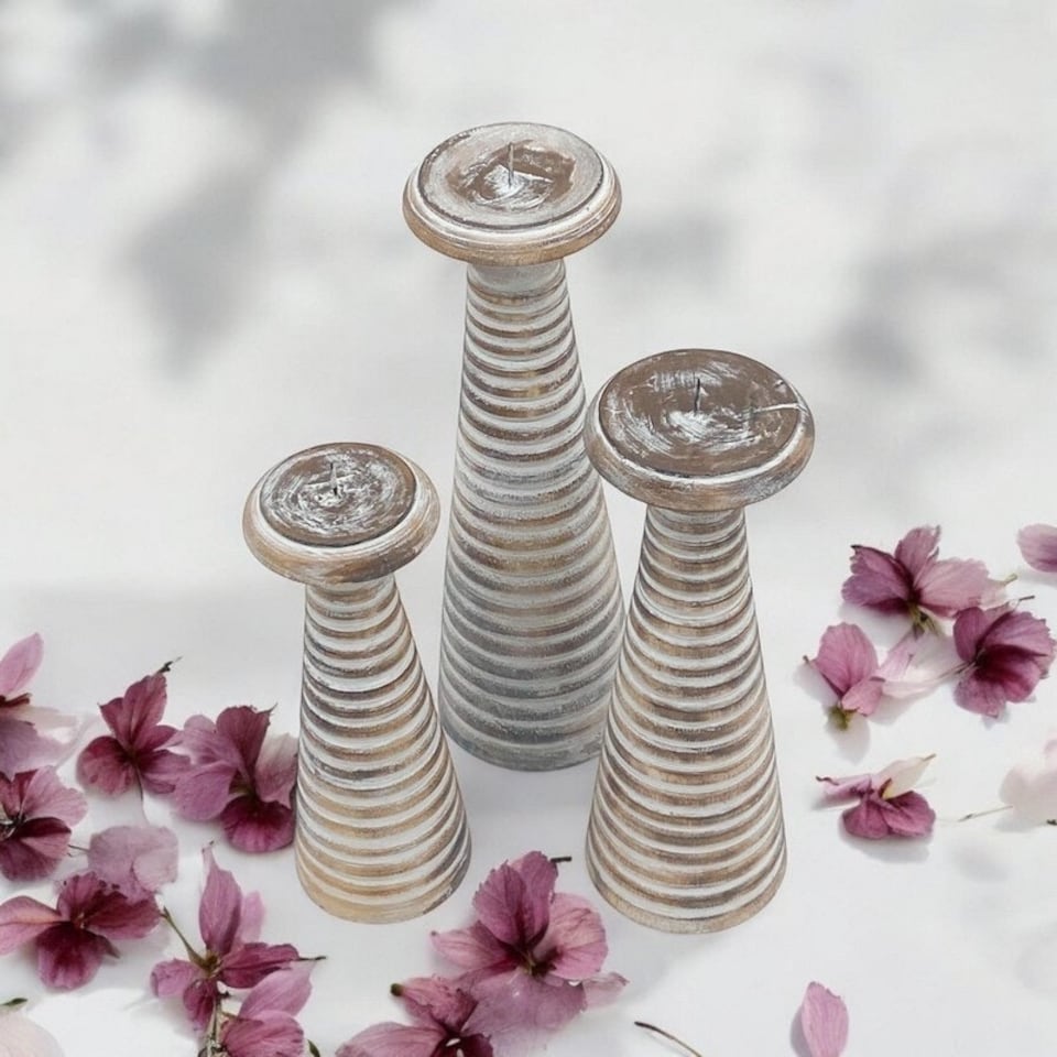 image 1 of Candlesticks (Set of 3) - Wood - L12 x W12 x H35 cm Brown