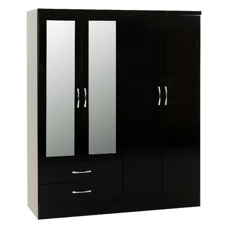 image 1 of Nevada 4 Door 2 Drawer Mirrored Wardrobe Black