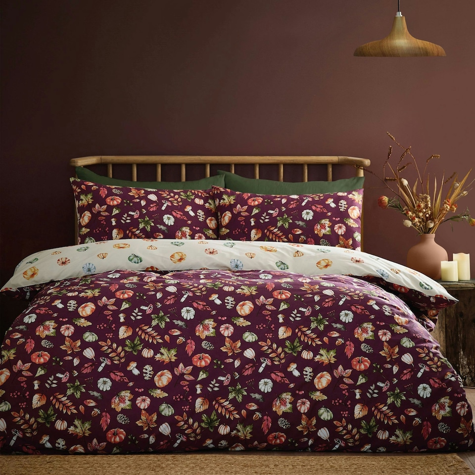 image 1 of Catherine Lansfield Autumn Pumpkins Reversible Duvet Cover Set Plum | Purple | Plum | Double