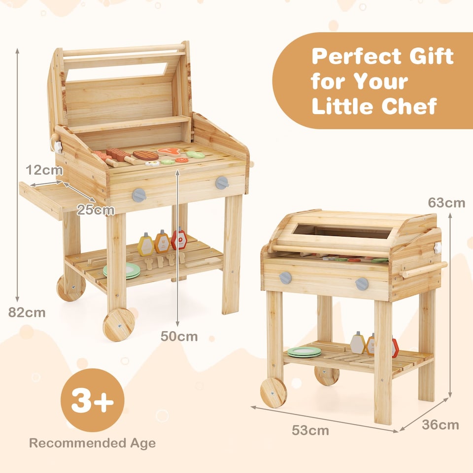 image 1 of COSTWAY Wooden Barbecue Grill Toy Set Kids BBQ Grill Playset With Play Food Natural