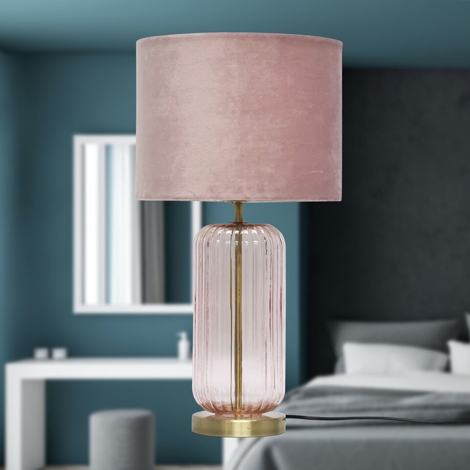 image 1 of Set of 2 Walpole - Blush Glass and Antique Brass 49cm Table Lamps with Pink Velvet Shade | Yellow | Pink | Large | 2