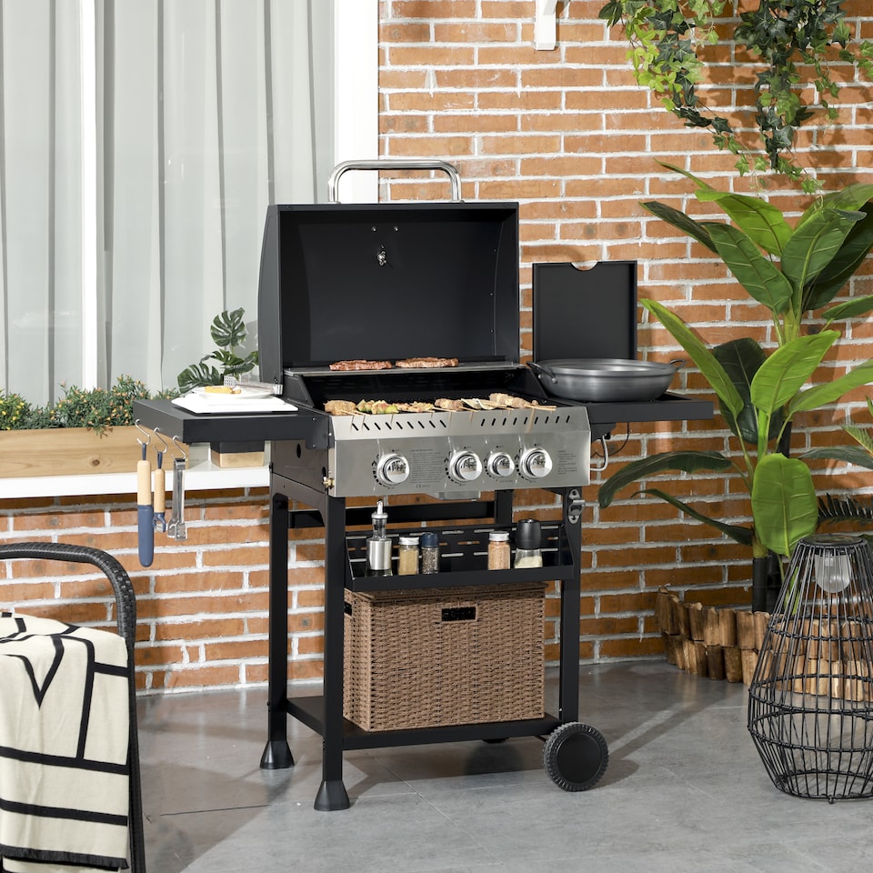 image 1 of Outsunny 3+1 Burner Propane Gas Barbecue Grill with Thermometer, Bottle Opener