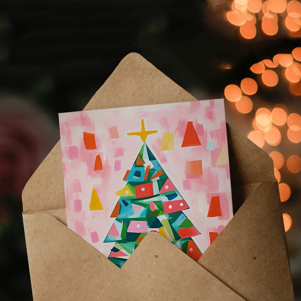 image 1 of Colourful Abstract Geometric Tree Painting Xmas Blank Christmas Card