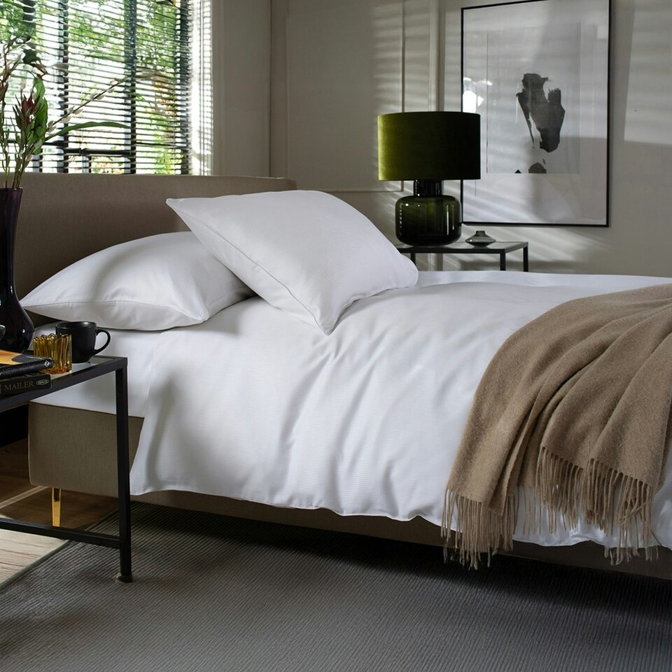 image 1 of Fine Stripe 100% Cotton White Duvet Cover Set – 200 Thread Count, 2mm Sateen Stripe with Piped Trim White | Double