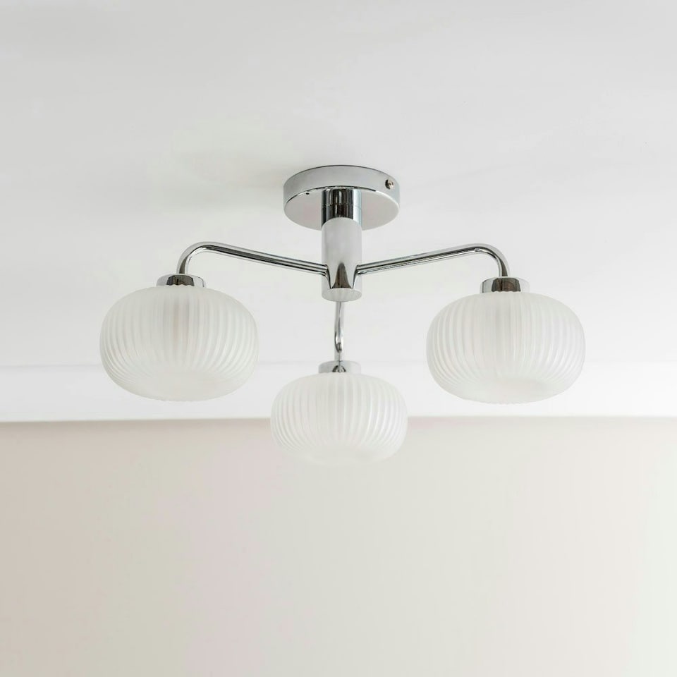 image 1 of ValueLights Amaia Polished Chrome IP44 Rated 3 Way Frosted Ribbed Glass Ceiling Light