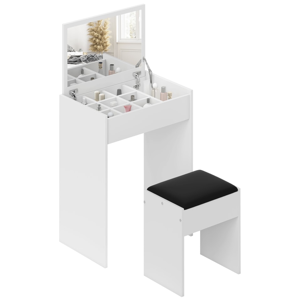 image 1 of HOMCOM Dressing Table with Mirror and Stool, Vanity Makeup Table with Flip Up Mirror, Vanity Desk with Storage Unit and Padded Seat, White