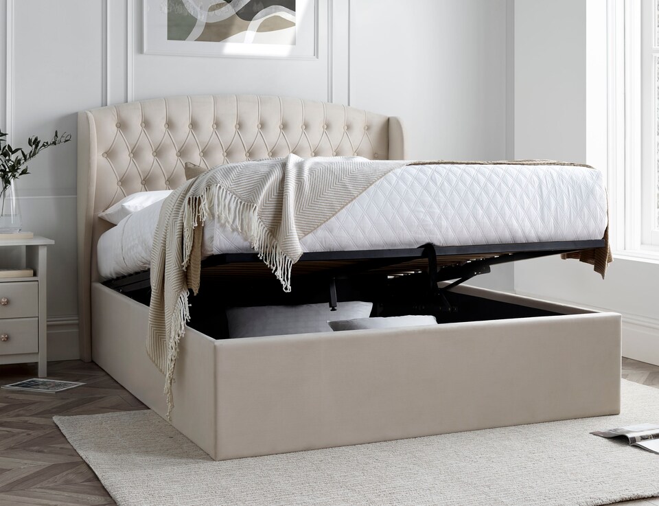 image 1 of 4ft6 Double Velvet Natural ottoman fabric upholstered buttoned storage gas lift up bed frame. Front lift up underbed storeage bed frame