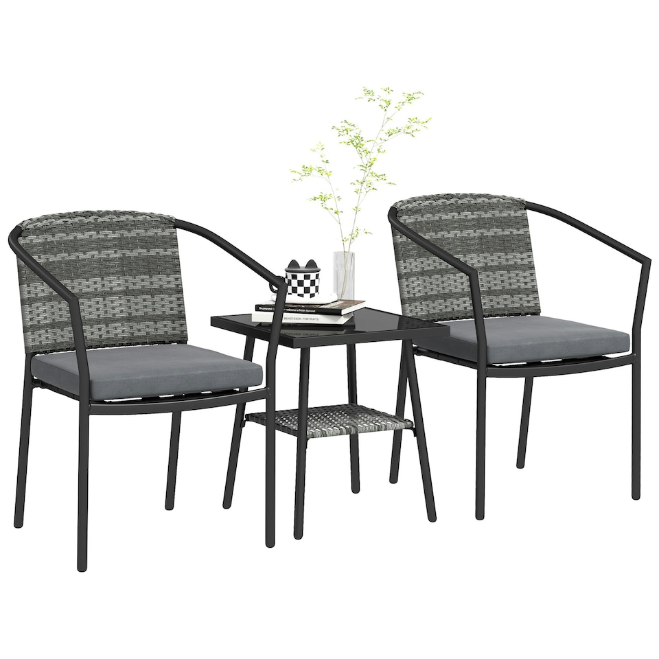 image 1 of Outsunny 3 PCS Rattan Bistro Set with Cushions Coffee Table and Chairs