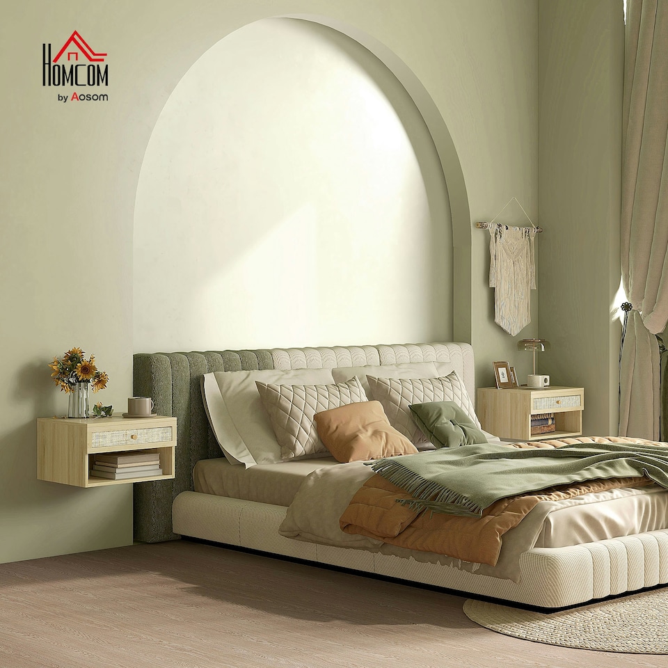 image 1 of Floating Nightstands Set of 2 with Rattan Drawer and Storage Shelf for Bedroom