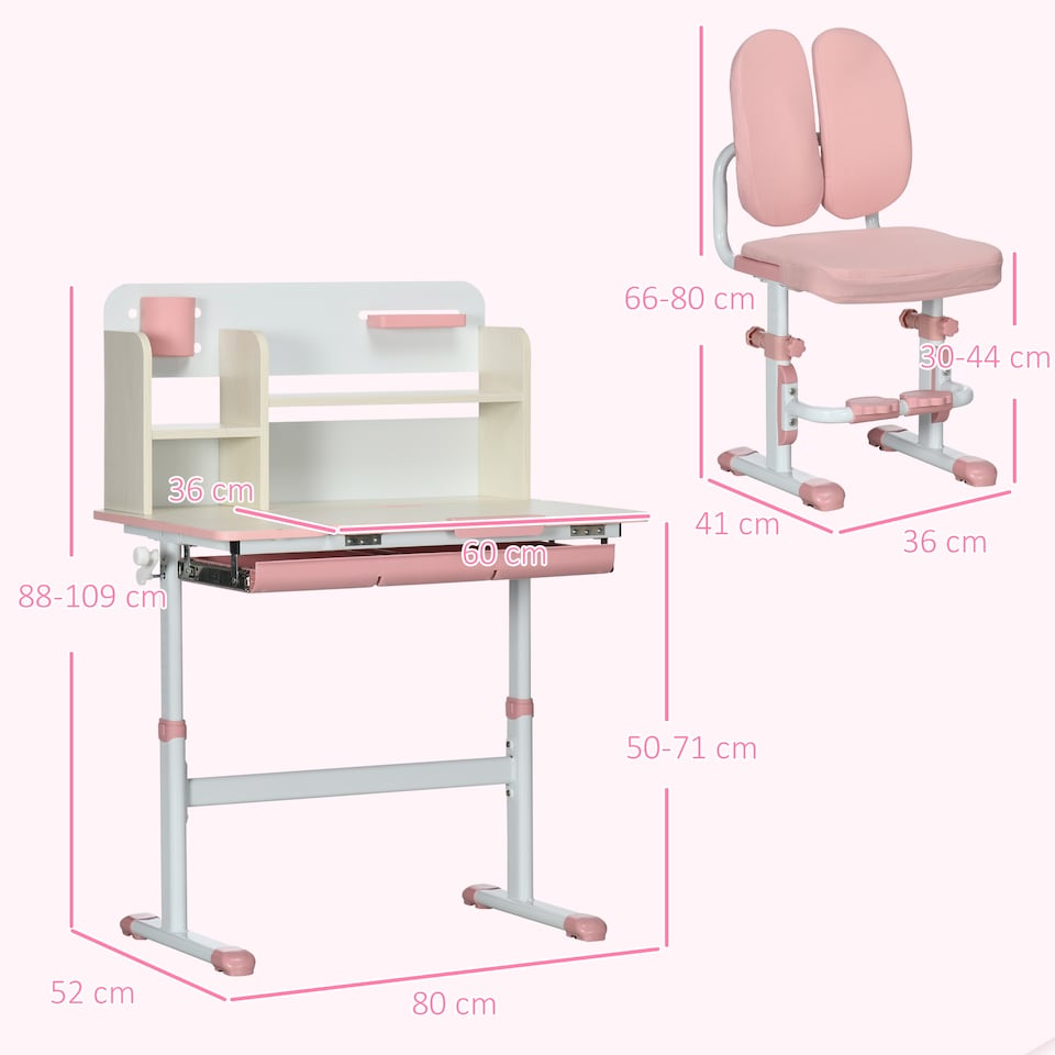 image 1 of HOMCOM Kids Desk and Chair Set, Height Adjustable Study Table for 3-12 Years | Pink