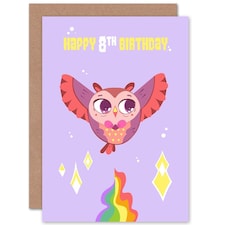 Kawaii Cute Flying Pink Owl Age 8 Year Old Child Kids 8th Birthday Card